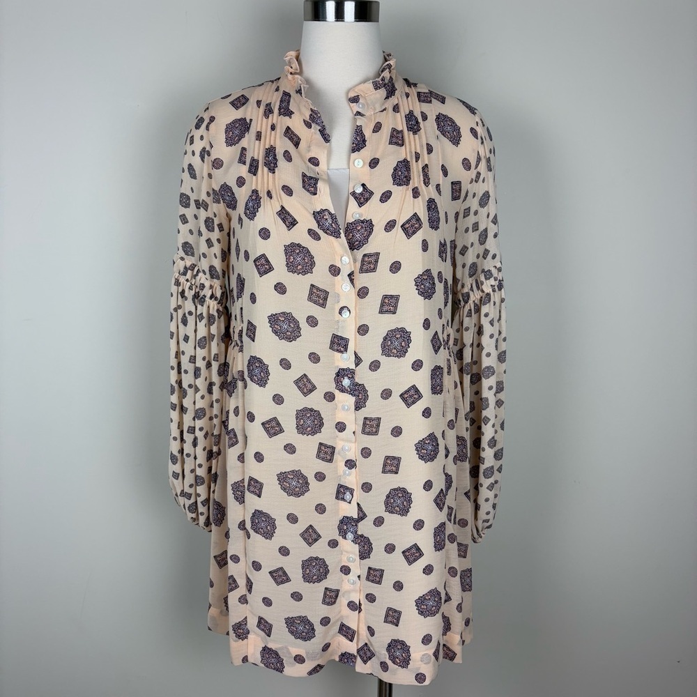 Free People Turn Turn Mini Button Front Dress Sz XS Cream Purple Print Boho Chic